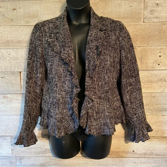 Coldwater Creek women’s tweed ruffled‎ open  blazer in size large - Picture 1 of 6